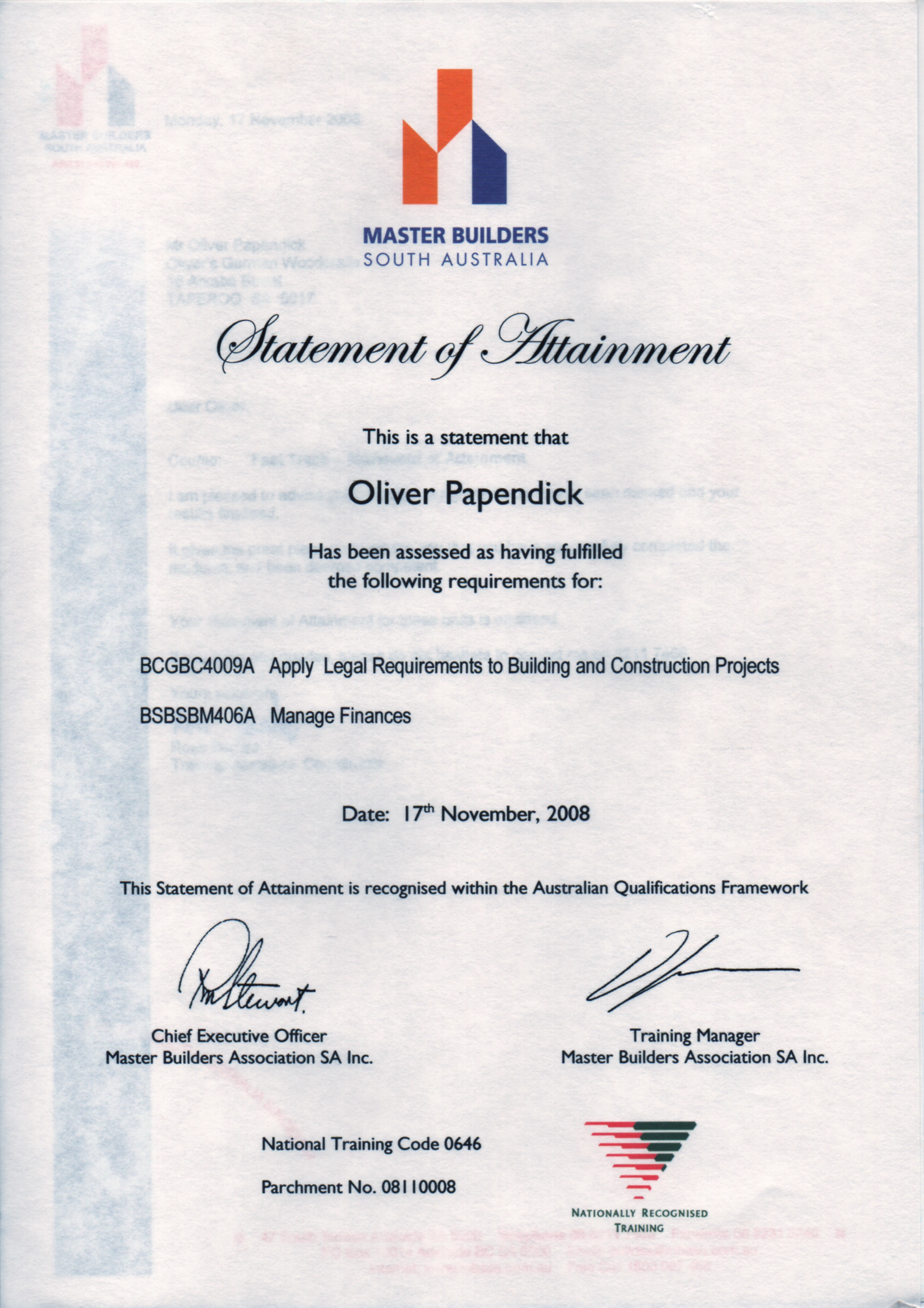Master Builders Certificate