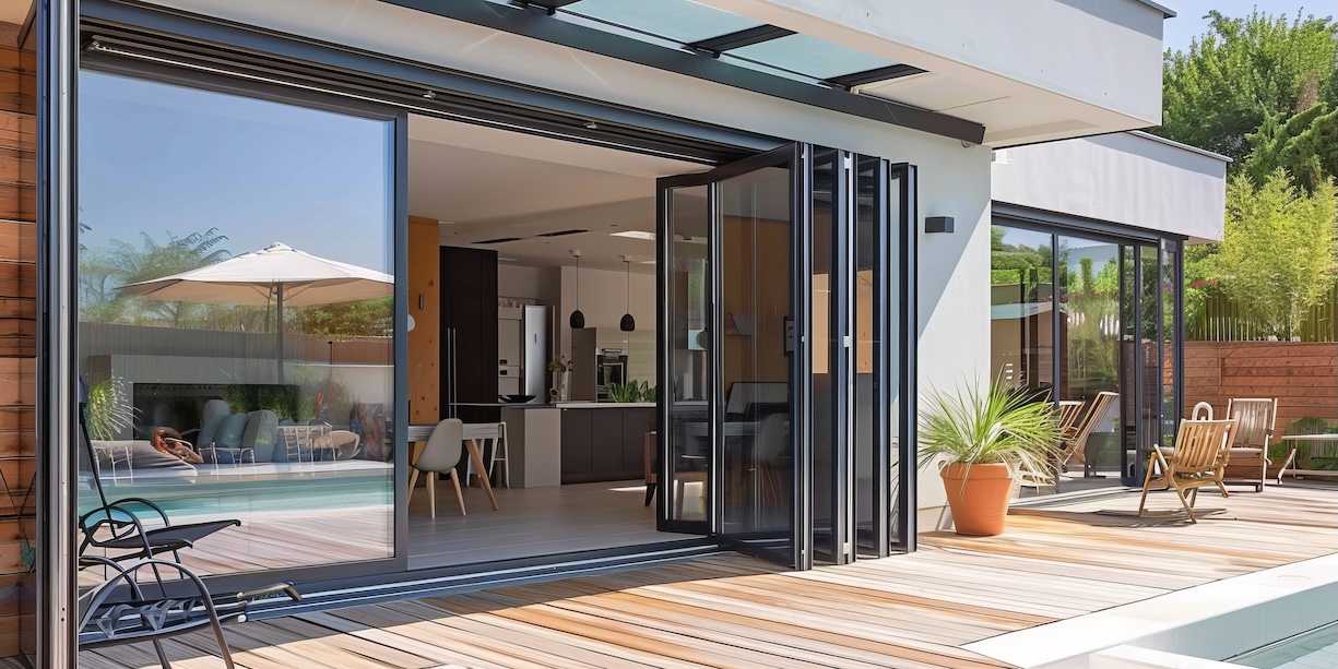 Access to the terrace through an aluminium folding door